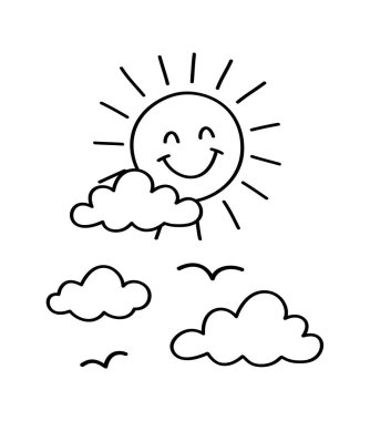 Güneş ve bulutlu gökyüzü. İkon karalaması el çizimi. Çizgi çizimi simgesi. Vektör illüstrasyonu.