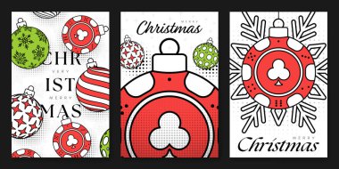Poker Kumarhanesi Noel ve Yeni Yıl posterleri. Noel partisi davetiyesi için parlak xmas tasarımı. Minimum sanat afişi, poster, kapak şablonları. Vektör illüstrasyonu.