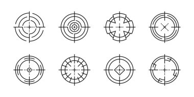 Asgari siyah çizgili hedef simgeleri. Temiz nişan alma ve odaklanma sembolleri seti. Hedef askeri görüş kavramları çizmek için basit vektör çizimi. Başarılı bir şekilde hedef alınan tasarım simgesi ögeleri..