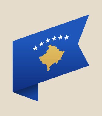 Ülke Haritası ve Yıldızlarıyla Kosova Ulusal Bayrak Vektörü Kurdelesi Tasarımı, Modern Avrupa Ulusunun Sembolizmi, Temiz Geometrik Sanat..