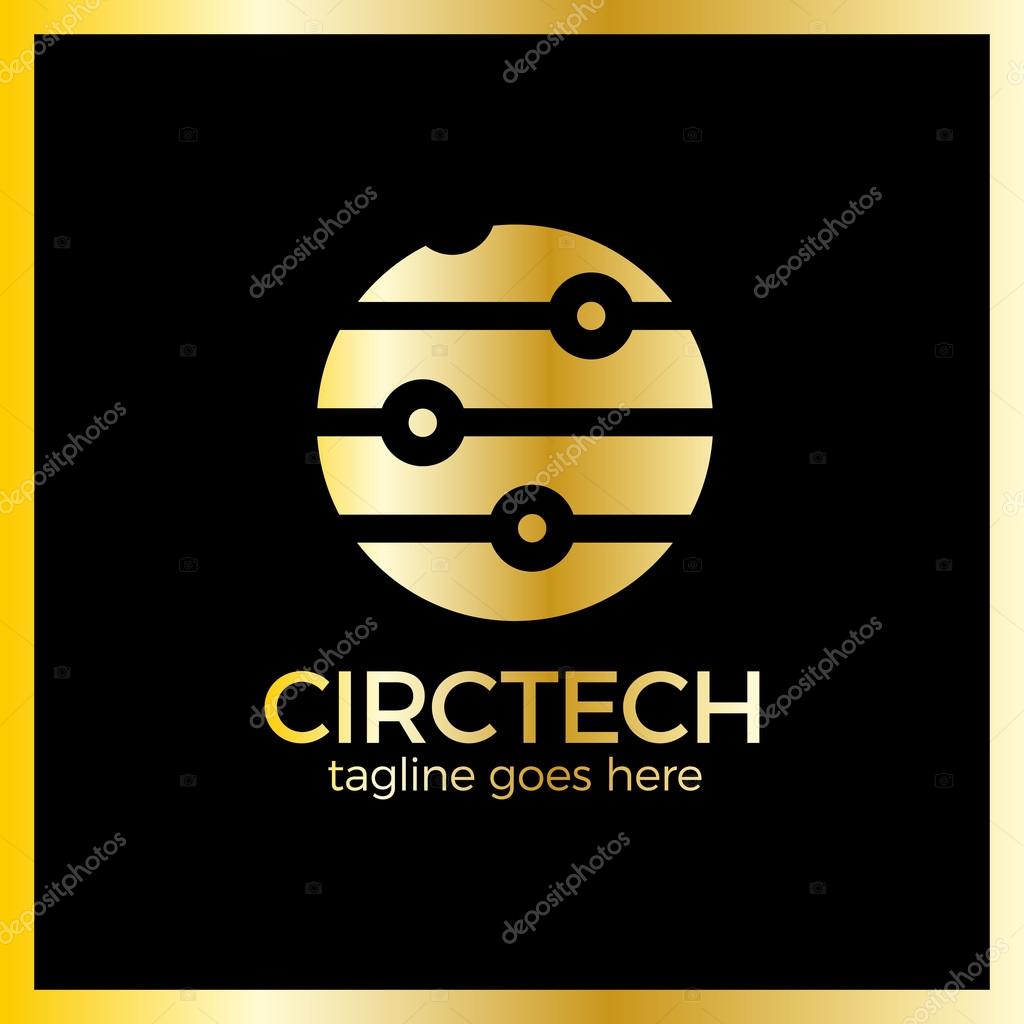 Circle Tech Logo. Signal line and dots. Luxury, royal gold metal