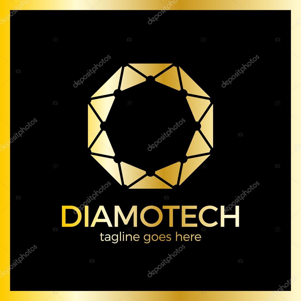 Diamond Line Connect Dots Tech Logo. Top view. Luxury, royal gold metal