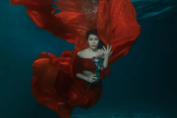 Woman in red dress underwater. — Stock Photo, Image