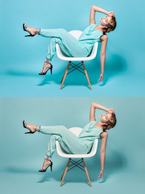 Pin-up tarzı bir sandalyede kadını.