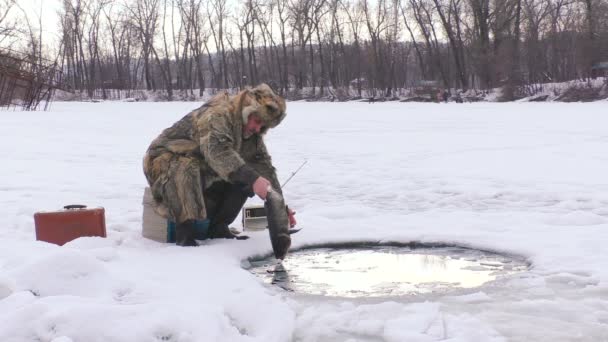 老人は湖の氷穴に釣竿を持って座っている 冬の釣り — ストック動画