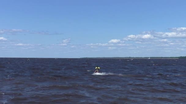 Man Surfing Waves Sea Makes Lot Splashes Water Board — Stock Video