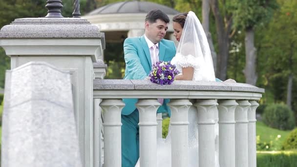 Bella Sposa Con Mazzo Fiori Bacia Sposo Stanno Camminando Nel — Video Stock