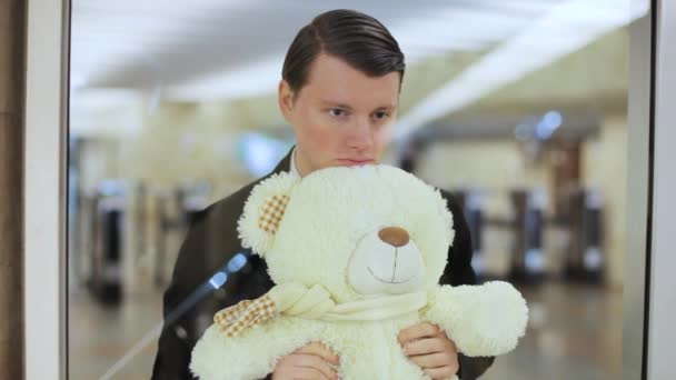 Man Holding Bear Waving His Paw Meets — Stock Video