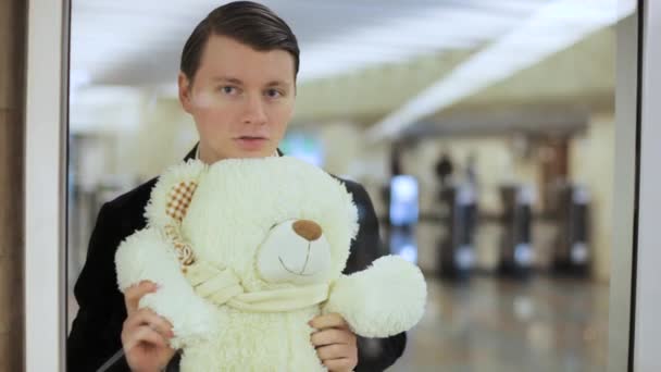 Man Holding Bear Waving His Paw Meets — Stock Video