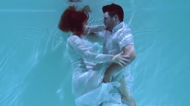 Man Woman Dancing Underwater People Dive Clothes Water Hugging Each — Stock Video