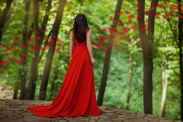 Girl back to us standing in the woods at the edge of a precipice. In her red dress.