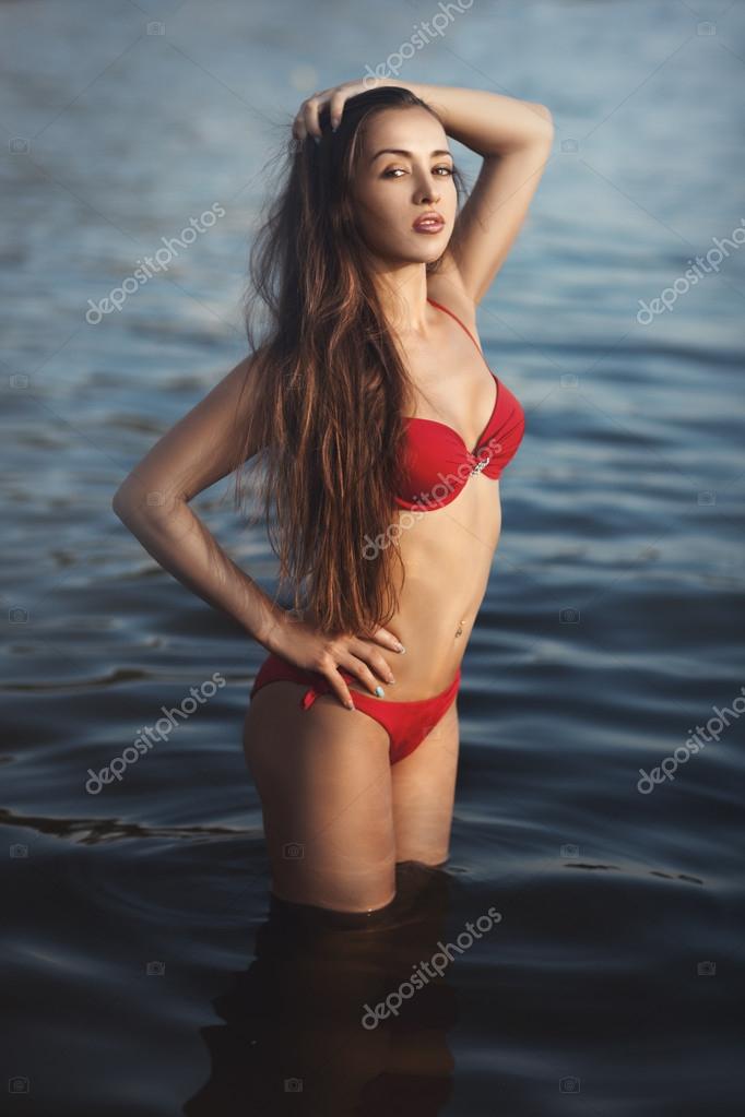 girl in red bathing suit
