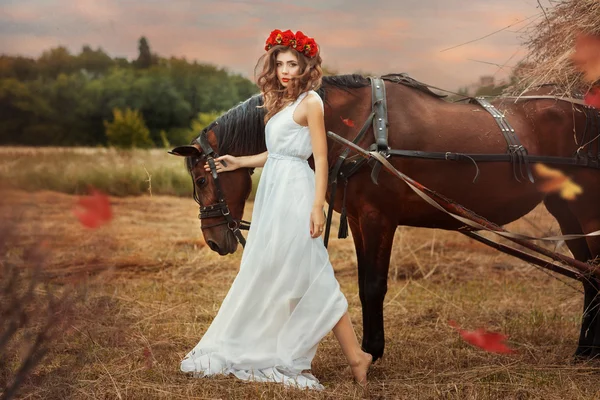 Κορίτσι μπαίνει σε πεδίο με ένα άλογο πτώση. — Φωτογραφία Αρχείου