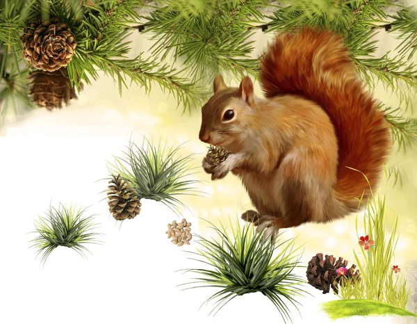 Wiewiórka gryzie nutlets z szyszki pod cedry. Ilustracja dla dzieci — Zdjęcie stockowe