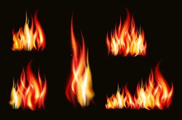 Elden flamma stroke realistiska isolerad på svart bakgrund vektor illustration — Stock vektor