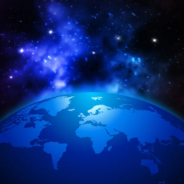 Kreativní abstraktní globální komunikace vědecké koncepce: prostor pohled na planetě zemi světa s mapa světa v sluneční soustavě z vesmíru — Stockový vektor