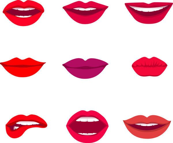 Red and rose kissing and smiling cartoon lips isolated decorative icons for party presentation vector illustration