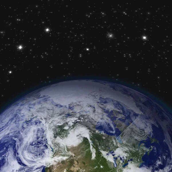 Creatieve abstracte mondiale wetenschappelijke communicatieconcept: uitzicht op aarde planeet wereldbol met wereldkaart in zonnestelsel van universum ruimte. Elementen van dit beeld zijn ingericht door de Nasa Rechtenvrije Stockfoto's