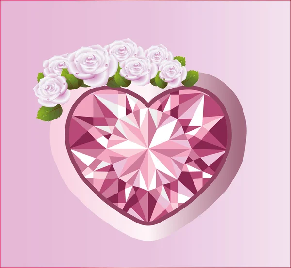 Coeur de diamant avec roses. Vecteur — Image vectorielle