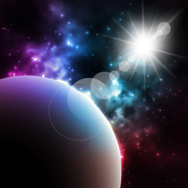 Фотореалістичний галактичний фон з планетою і сяючим сонцем. ілюстрація — стокове фото