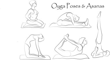 Vektör yoga çizim. Yoga ayarlayın. Yoga egzersizleri. Kadınlar yoga. Yoga sınıfı, yoga Merkezi, yoga stüdyosu. Yoga poster. Yoga asana ile kroki. Kız yoga egzersizleri yapıyor. Sağlıklı yaşam tarzı.