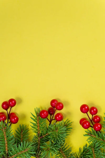 Ramas Árbol Navidad Sobre Fondo Amarillo Brillante Espacio Copia Decoración — Foto de Stock