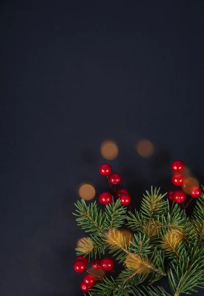 Slavnostní Tmavé Pozadí Větvičky Vánočního Stromku Bobulí Kopírovat Prostor — Stock fotografie