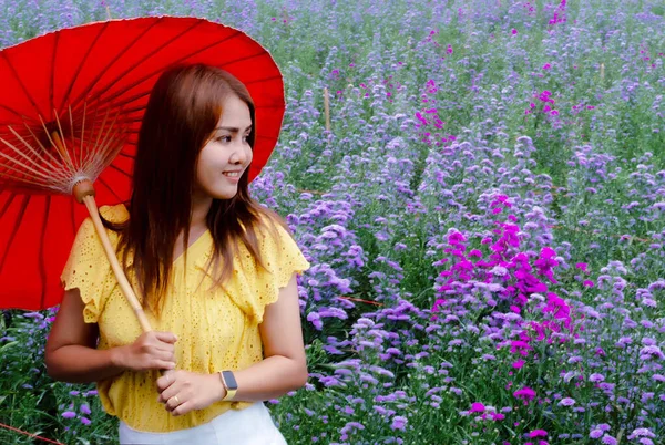 Travel Asian Adult Woman Relax Nature Sitting Margaret Flower Field — Stock Photo, Image