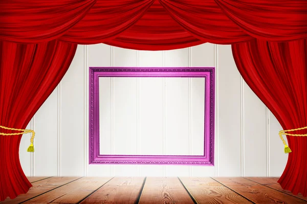 Frame on the background of  Red curtains on  wood wall. — Stock Photo, Image