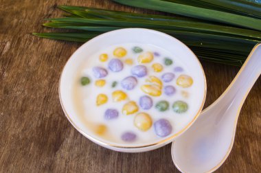 Dumplings in coconut cream (Bua Loi) on Thai silk, Dessert of Th