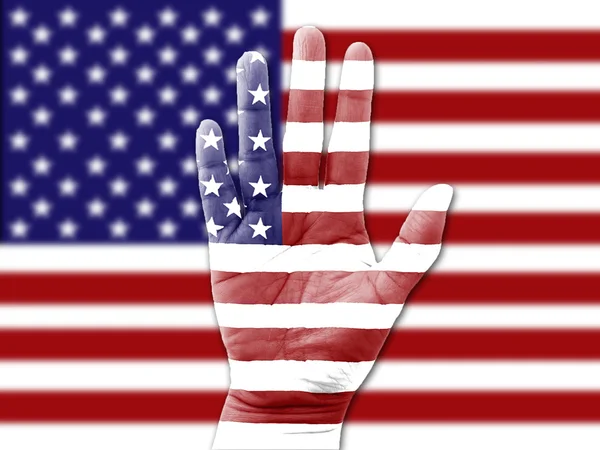 Mujer mano USA sobre bandera nacional en segundo plano —  Fotos de Stock