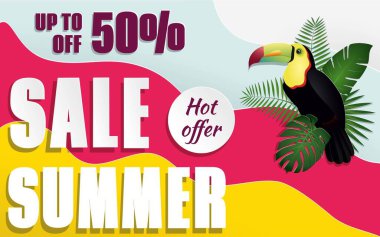 Tropikal bitki ve tukanla renklendirilmiş yaz pankartı. Vektör illüstrasyonu. 