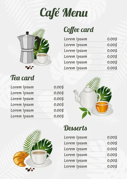 Tropikal bitkilerle birlikte kafe menüsü tasarımı. Vektör illüstrasyonu.