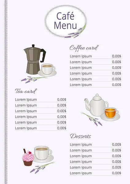 Bir lavanta filizi ile kafe menüsü tasarımı. Vektör illüstrasyonu.