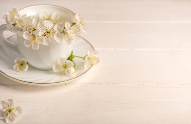 Dekoratif bir fincanda pembe şakayık çiçekleri açık mavi renkli arka planda sisli eski kurgu ile