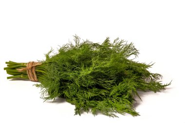 Doku olarak taze yeşil dereotu yakın plan. Beyaz arka planda. Yemek için çeşni.