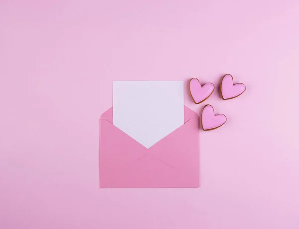 Envelope Red Heart Valentine Day Pink Background Concept Love Tenderness — Stock Photo, Image