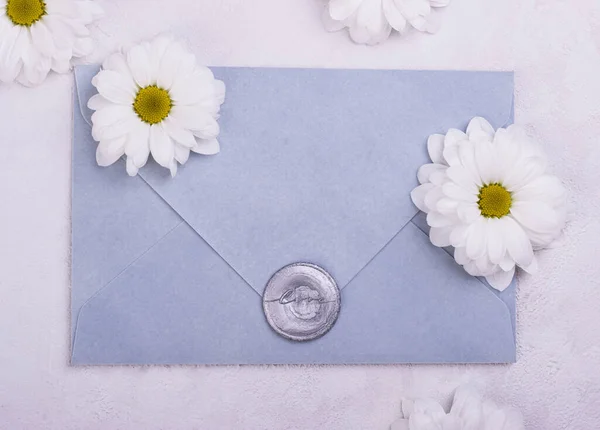 Blue Handmade Paper Envelope Love Wax Seal White Flowers Background — Stock Photo, Image