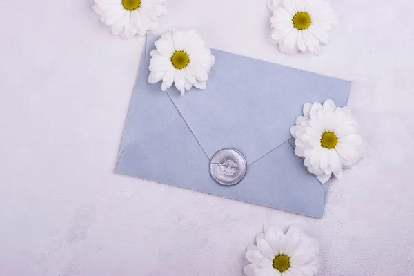 Blue Handmade Paper Envelope Love Wax Seal White Flowers Background — Stock Photo, Image