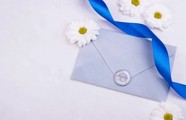 Blue Handmade Paper Envelope Love Wax Seal White Flowers Background — Stock Photo, Image