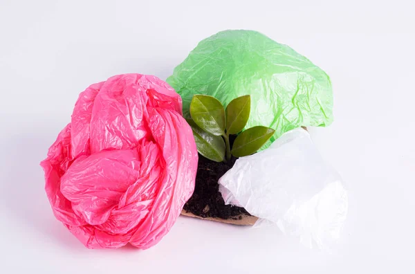 Plántulas Verdes Suelo Bolsas Plástico Concepto Contaminación Global Del Planeta — Foto de Stock