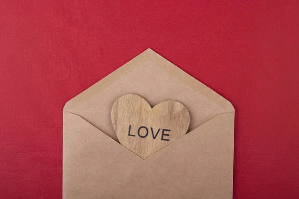 Wooden Heart Inscription Love Craft Envelope Red Background Valentine Day — Stock Photo, Image