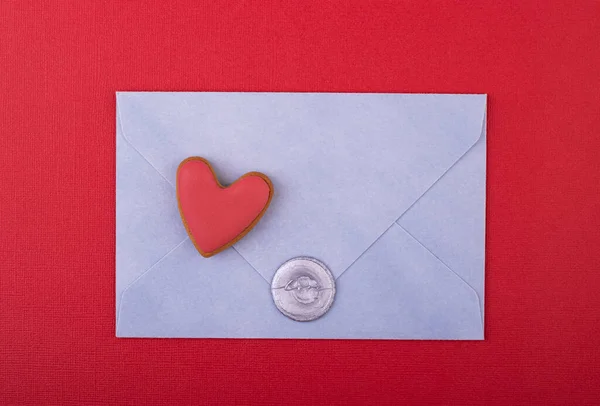 Sobre Azul Con Sello Cera Amor Corazón Rojo Sobre Fondo — Foto de Stock