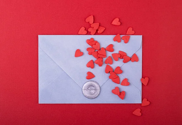 Blue Envelope Wax Stamp Love Small Red Hearts Red Background — Stock Photo, Image