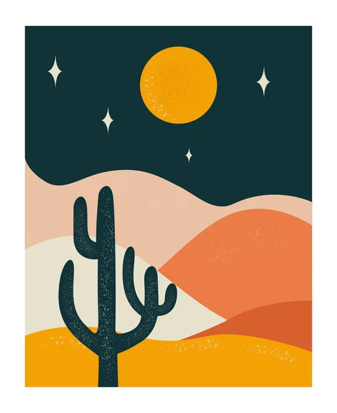 Abstracte Achtergrond Met Landschap Nachts Cactus Maan Sterren Minimalistische Muurkunst — Stockvector