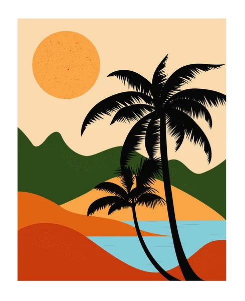 Landscape Mountains Sea Palm Tree — Stock Vector