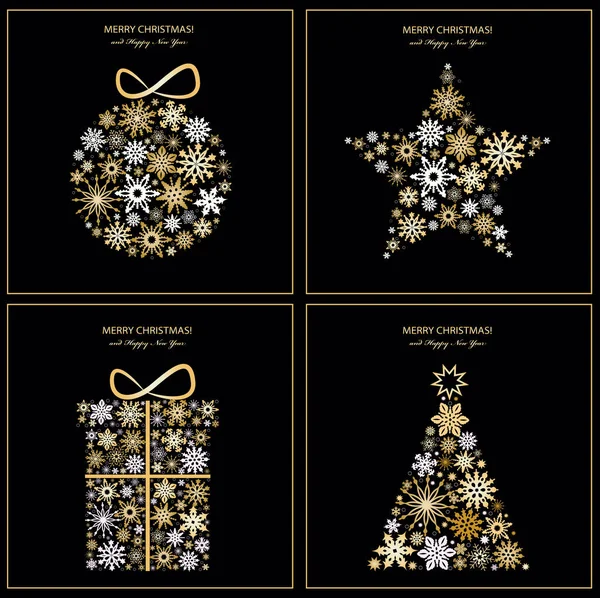 Set Christmas Golden Ball Gift Fir Tree Star — Stock Vector