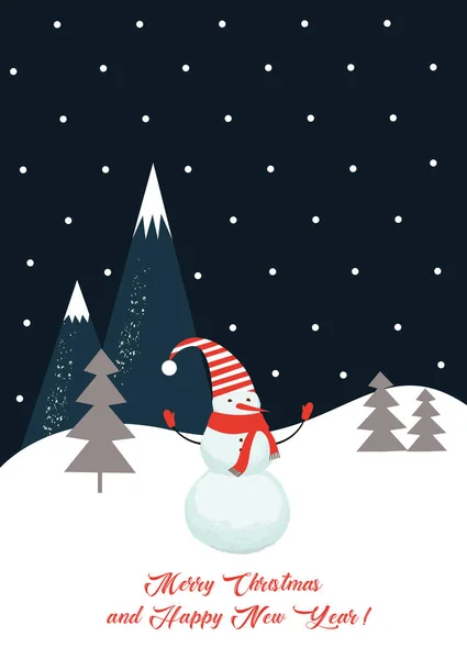 Boldog Karácsonyi Üdvözlőlapot Hóember Erdő — Stock Vector