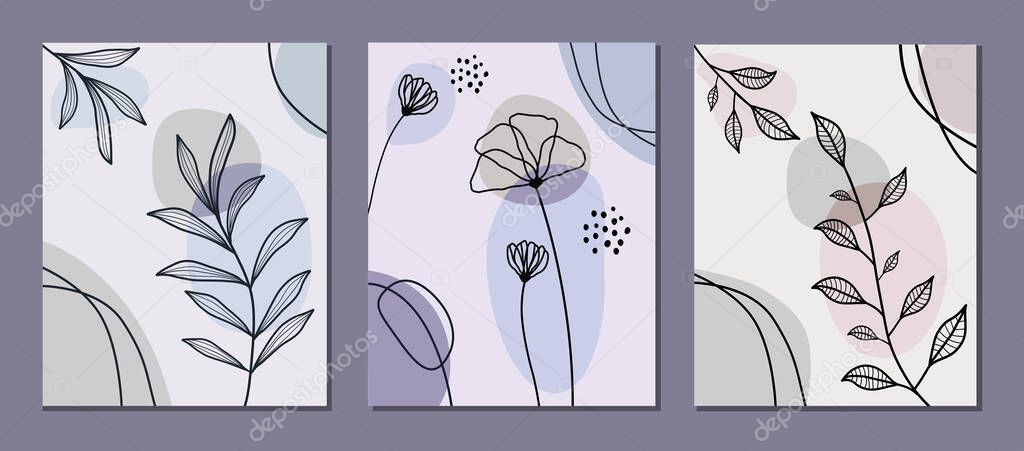 Collection of botanical art lines on abstract background