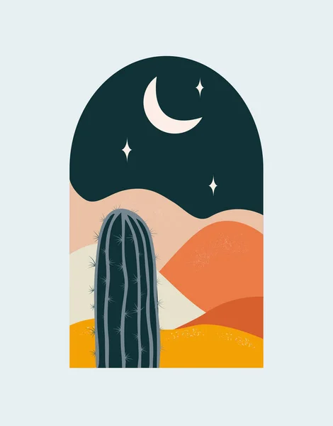 Paysage Abstrait Nuit Avec Cactus — Image vectorielle